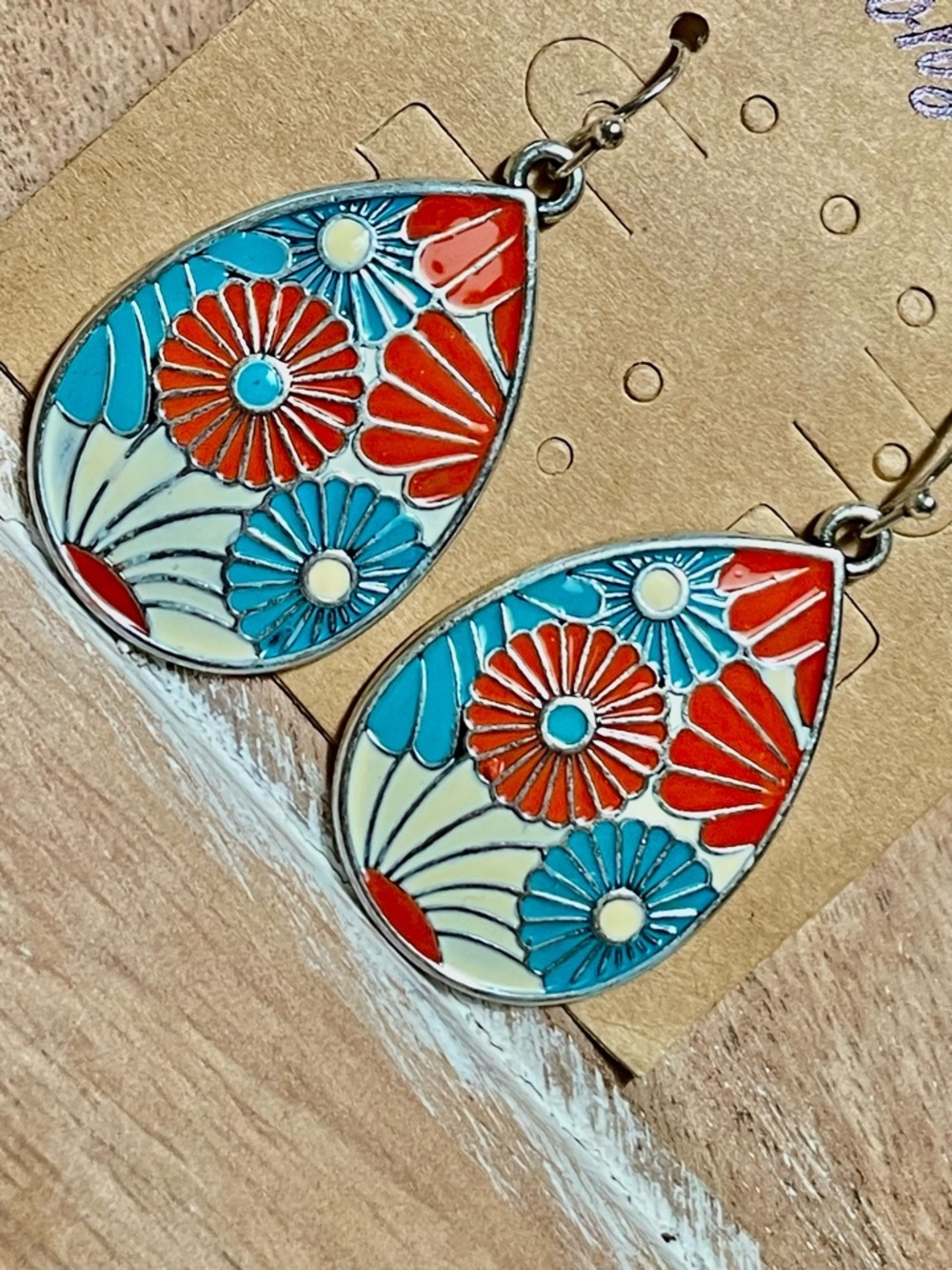 Handmade Bright Floral Teardrop Enamel Earrings - Red, Blue, Cream